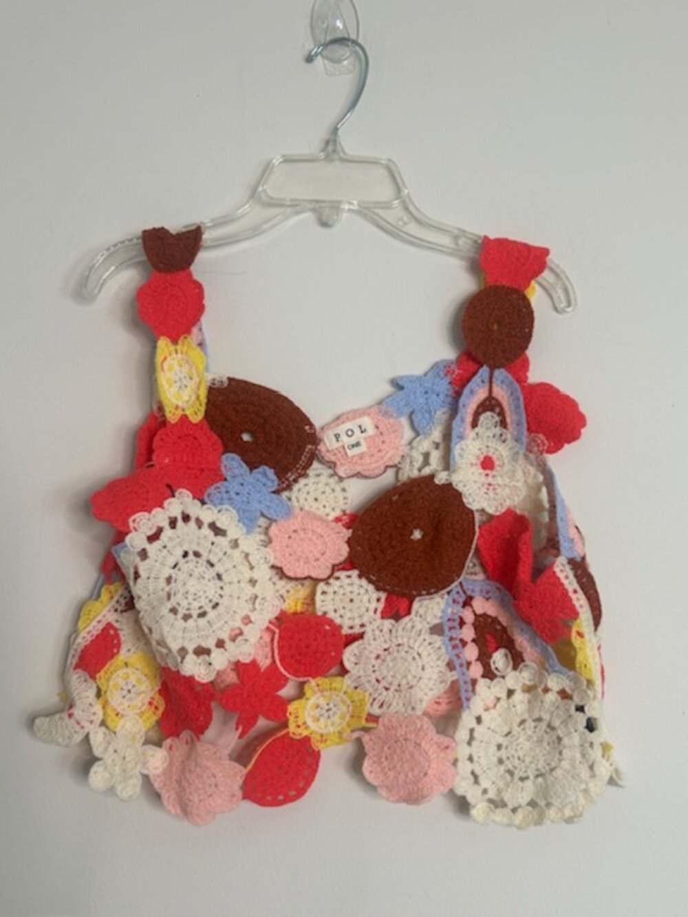 POL Ivory Pink Hand Made Crochet Motif Weaved Heart Neck Cropped Knit Top NEW - Picture 11 of 16